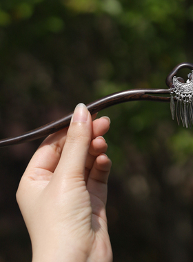 纯银新中式发簪女流苏盘发汉服旗袍气质木质发钗民族风黑檀木簪子