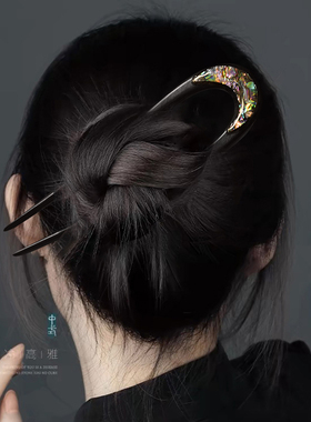 简约现代木簪汉服日常新中式发饰檀木U型发簪古风盘发簪子复古U形