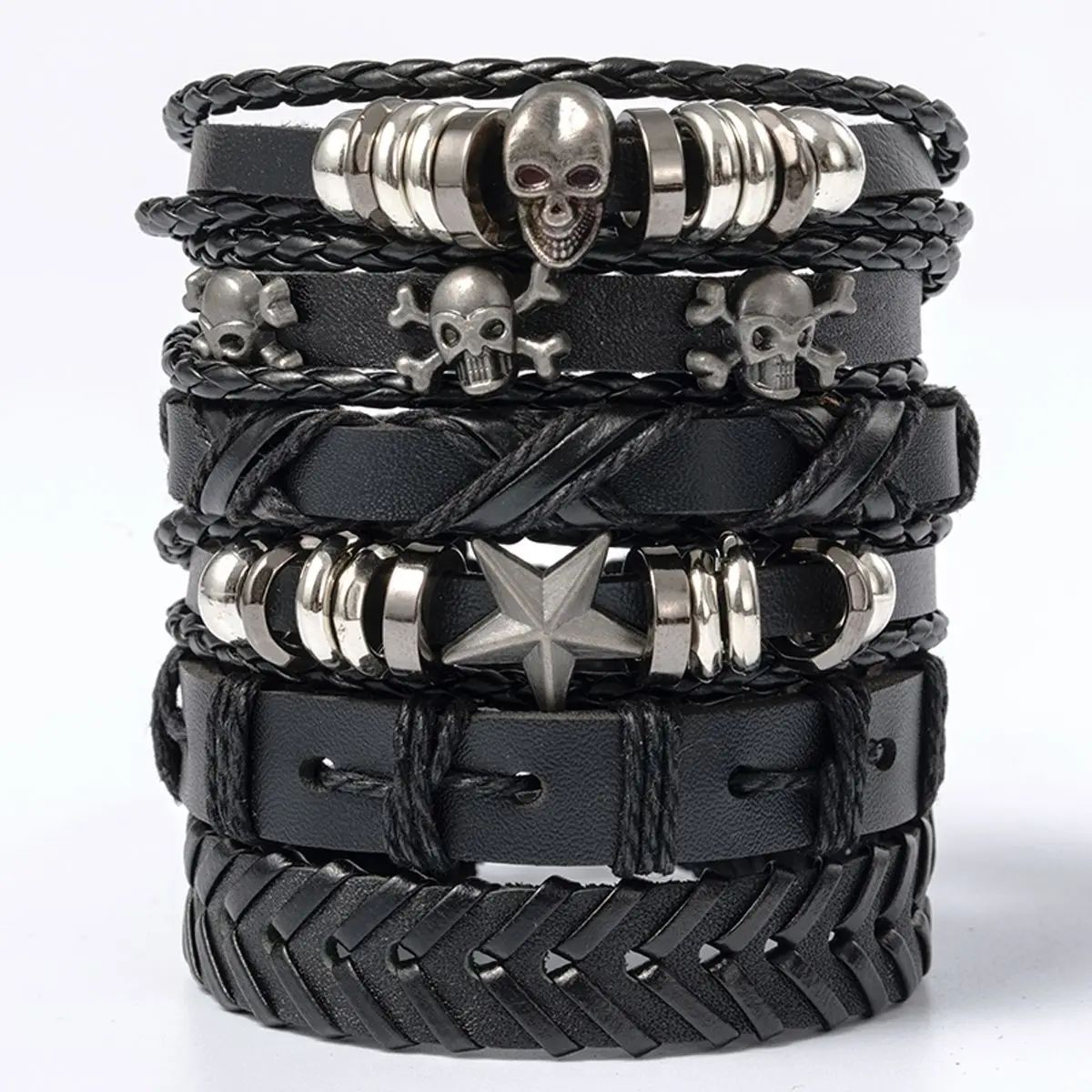 6pcs/Set Black Punk Skull & Star Shaped Alloy & Pu Leather