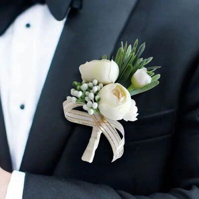 Boutonnieres Flowers Artificial Roses Silk Ivory Corsage But