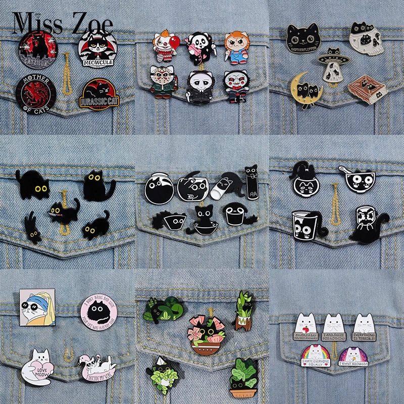 Cute Cat 4-6pcs/Set Enamel Pins Black Fluid Cat Brooches Lap