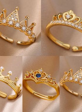 Zircon Crown Rings For Women Vintage Stainless Steel Gold