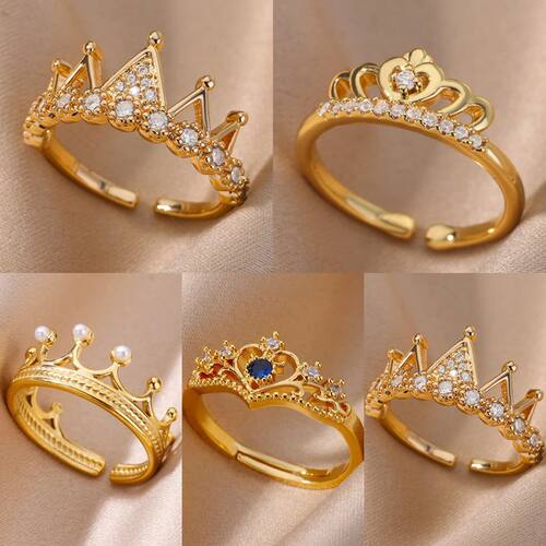 Zircon Crown Rings For Women Vintage Stainless Steel Gold