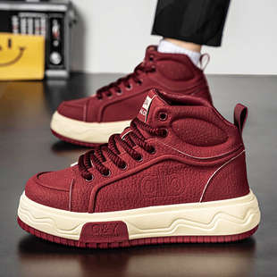 红色马丁靴皮面防水厚底增高小众潮牌老爹鞋 2025新款 冬季 高帮男鞋