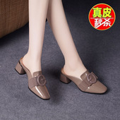百丽高跟新款 夏包头外穿半拖鞋 女中跟真皮女鞋 金特 漆皮单鞋 凉拖