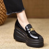 金特 真皮 女松糕乐福鞋 百丽黑色厚底防水台高跟鞋 深口坡跟单鞋