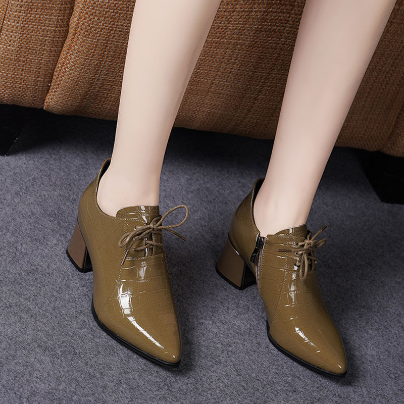 金特 百丽尖头粗跟单鞋女2025春新款英伦复古系带深口气质高跟鞋,女鞋,深口单鞋,淘宝优惠券,粉丝福利购,淘宝优惠卷