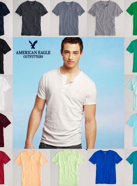 美国正品 美国鹰/American Eagle 男士经典纯棉纯色门筒领短袖T恤