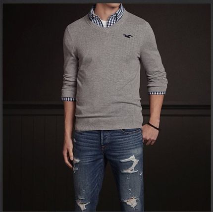 断码特价 AF Hollister/海鸥 男士春秋薄款修身纯色V领针织衫毛衣