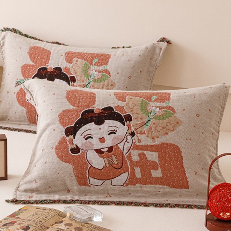 枕巾纯棉一对装全棉大红色枕头巾新年中式百福枕芯垫巾盖巾防头油