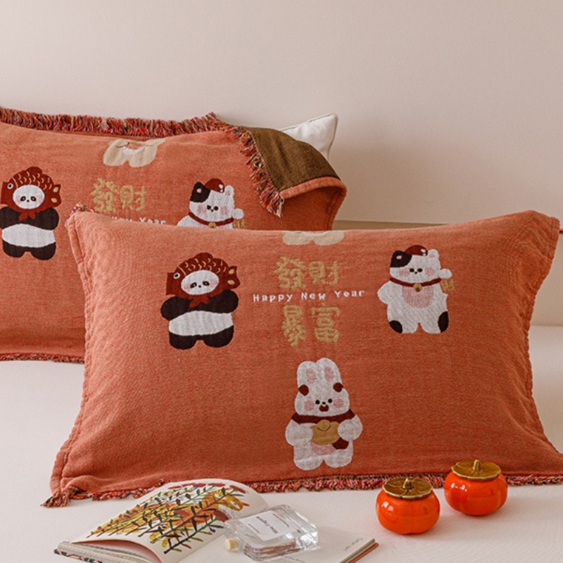 可爱纱布枕巾纯棉一对装家用全棉高档新年大红色情侣枕头巾防头油