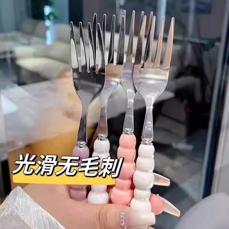 高颜值不锈钢西餐叉仿陶瓷手柄高档牛排叉意面叉子大号点心水果叉