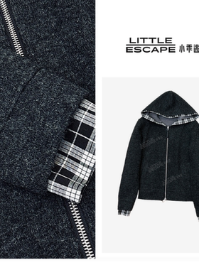 小乖逃休闲时尚深灰色外套格子连帽袖百搭款S25668