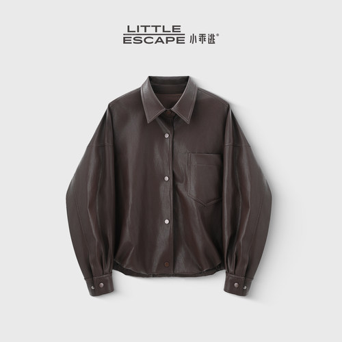小乖逃咖色皮外套翻领单口袋宽松落肩早秋复古皮夹克M6384