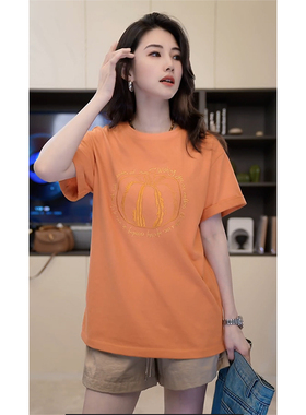 小乖逃X橙色T恤圆领短袖字母南瓜T恤短袖夏季X1226