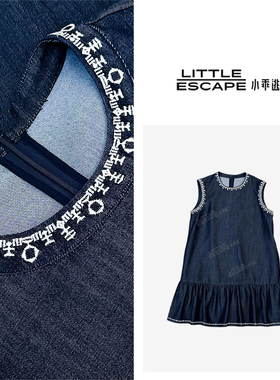 小乖逃X牛仔藏蓝连衣裙无袖绣花蛋糕摆公主连衣裙后拉链S25364
