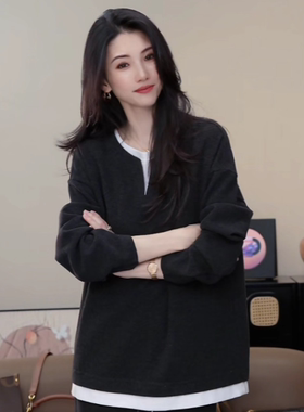 小乖逃灰色卫衣T恤打底时尚休闲潮流假两件V领卫衣S25638