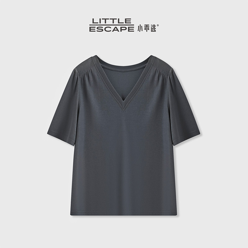 小乖逃JX九色V领灰紫色T恤打底衫上衣灰色短袖柔软简约休闲240427图片
