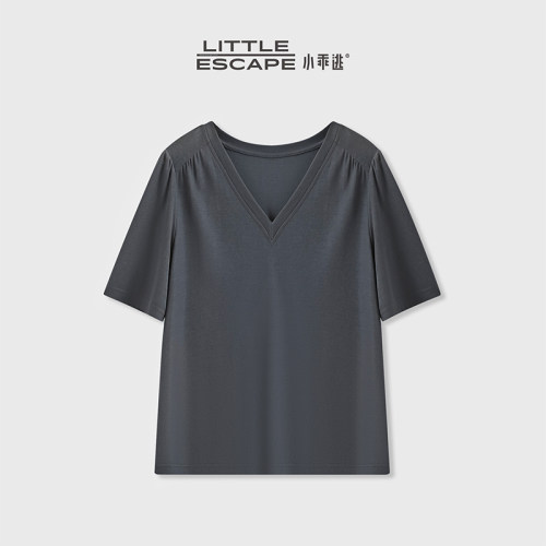 小乖逃JX九色V领灰紫色T恤打底衫上衣灰色短袖柔软简约休闲240427