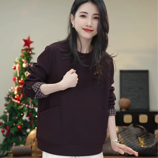 小乖逃休闲时尚 紫色卫衣圆领格子内里简约保暖宽松秋冬百搭S25742