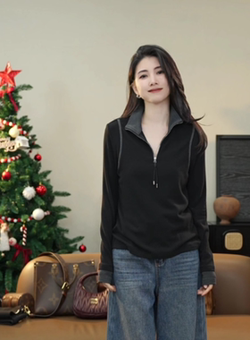 小乖逃休闲时尚灰色黑色T恤打底高领红线百搭TS8059