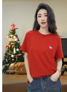 小乖逃三色！深灰红色白色长袖T恤打底圆领红色小马刺绣S25773