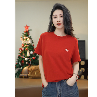 小乖逃三色！深灰红色白色长袖T恤打底圆领红色小马刺绣S25773
