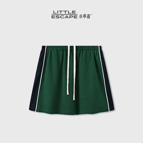小乖逃JX夏季薄款绿色侧边条纹半裙松紧腰设计显瘦半裙260406