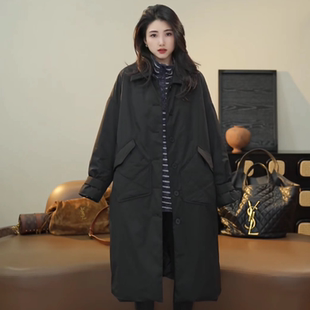 小乖逃时尚黑色棉服大衣外套纺羽绒感斜口袋外套女百搭款250963