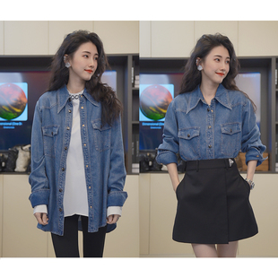 2023设计师高级感蓝色衬衫 复古百搭8115 水洗牛仔休闲拼接牛仔衬衫