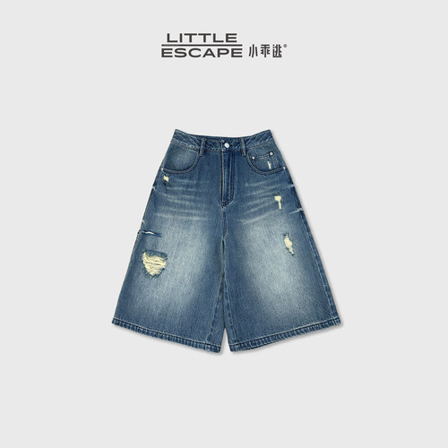 小乖逃复古磨白破洞牛仔五分裤高腰宽松阔腿显瘦百搭短裤QX1038