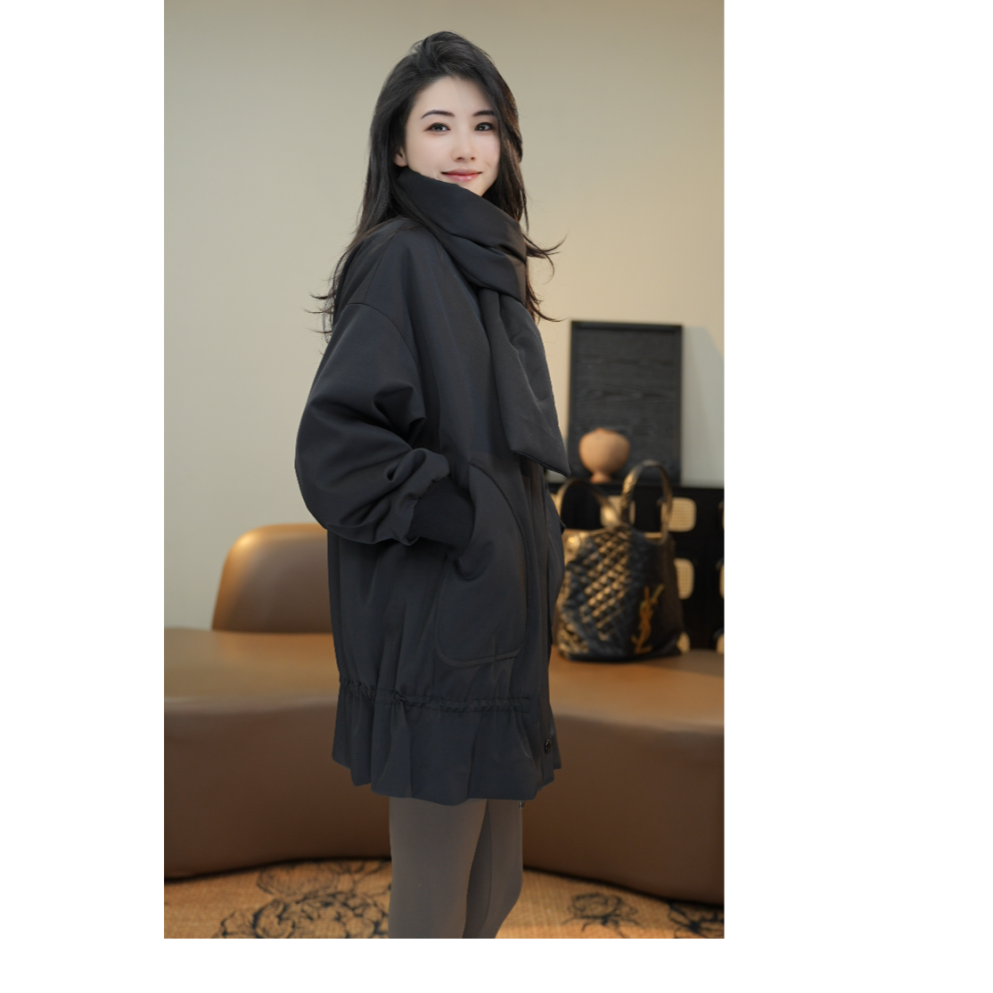 小乖逃黑色棉服外套ET绒250克带围巾简约风冬季保暖百搭251115