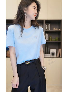 小乖逃圆领净色短袖 白色蓝色T恤 三角标休闲上衣M8607