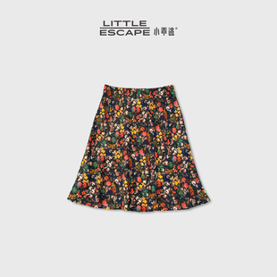 小乖逃黑底复古油画碎花半裙多彩撞色花卉垂顺A字显瘦半裙260662