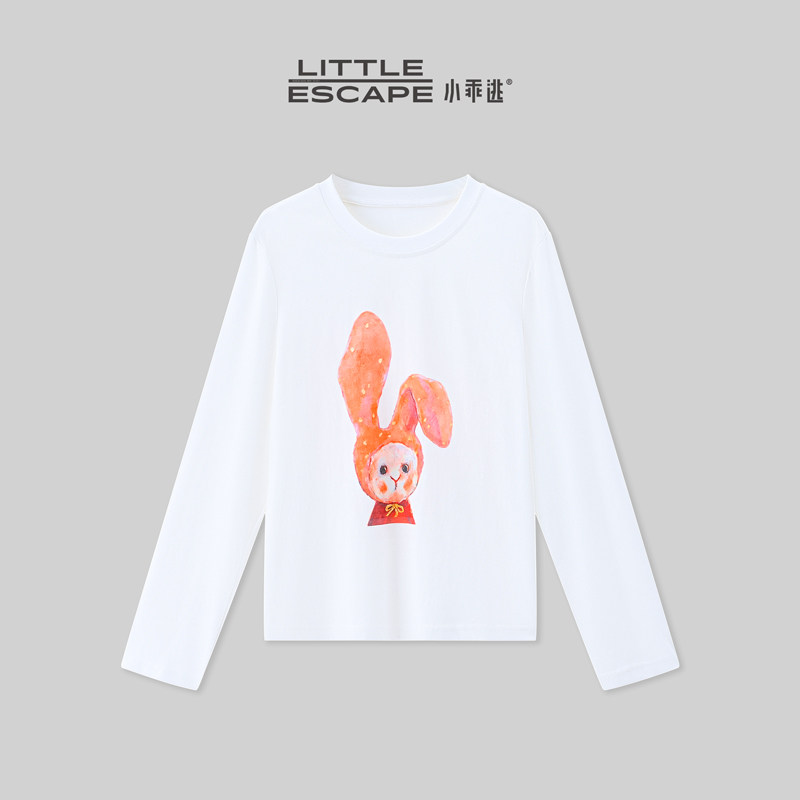早秋油画兔子印花长袖T恤女圆领宽松减龄百搭上衣小众N71114
