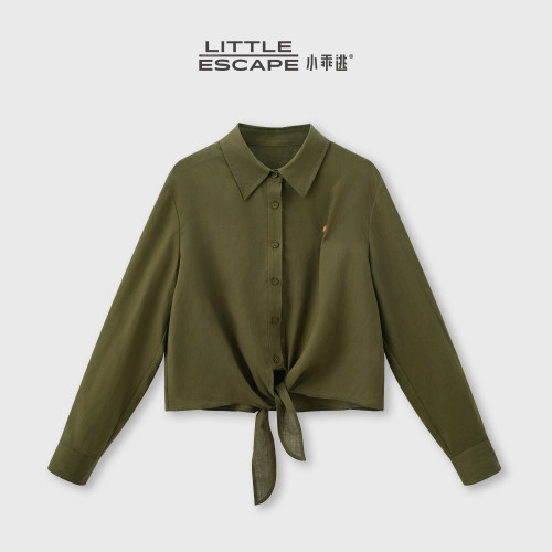 小乖逃JX墨绿色小马刺绣不规则下摆衬衫夏季设计感短款上衣260421