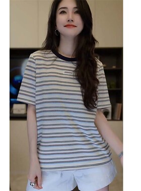 小乖逃黑色领子撞色粗条纹 二次元黑白条纹T恤 S25295