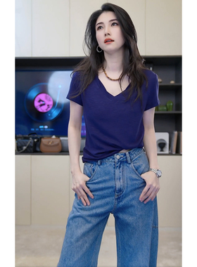 小乖逃双色V领藏蓝T恤白色T恤净色打底短袖上衣  S25351