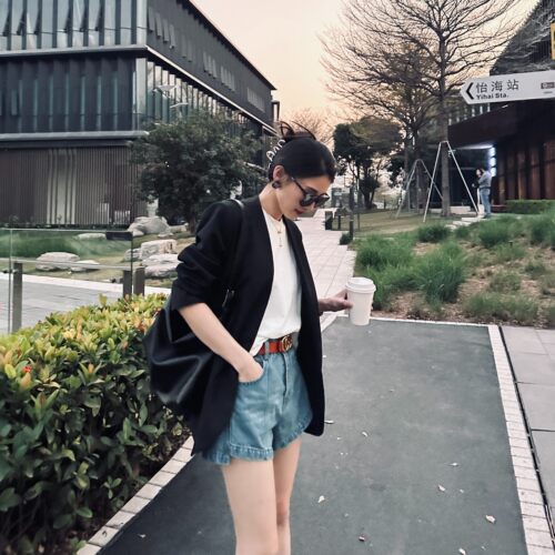 黑色无领宽松薄款西装外套女