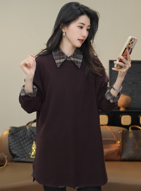 小乖逃双色！1白色紫色T恤圆领长袖下摆两边开叉简约宽松S25720