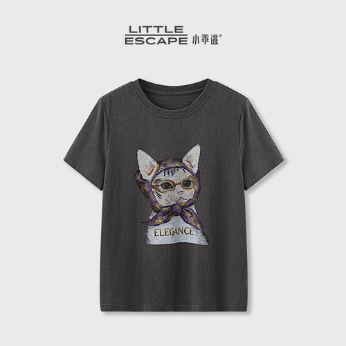 小乖逃JX灰色ELEGANE猫咪印花短袖T恤夏季宽松显瘦百搭休闲N59008