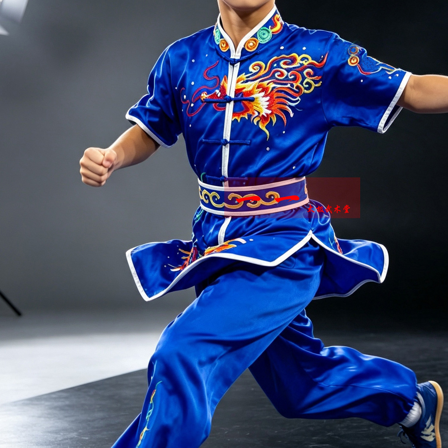 中国风短袖刺绣龙太极服男女武术表演服训练比赛服蓝色龙腾瑞气