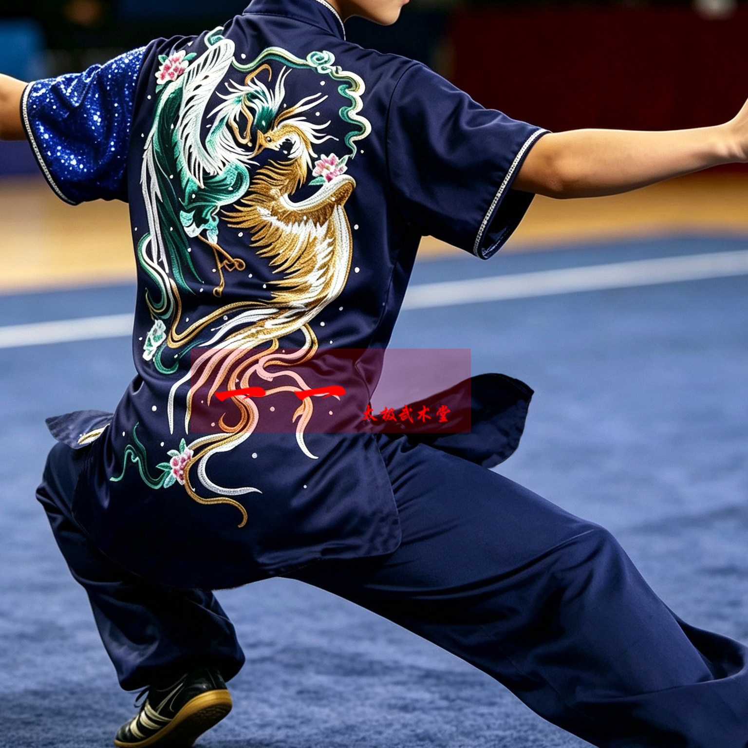 不对称撞色设计武术服长拳套装男女刺绣龙纹练功服武术比赛深蓝色