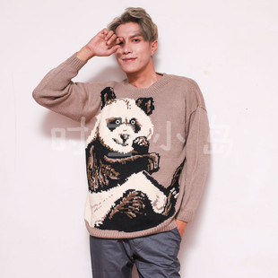 套头羊毛衣 暖灰色故事刺绣拼色 Vintage童趣动物风景 大熊猫图案