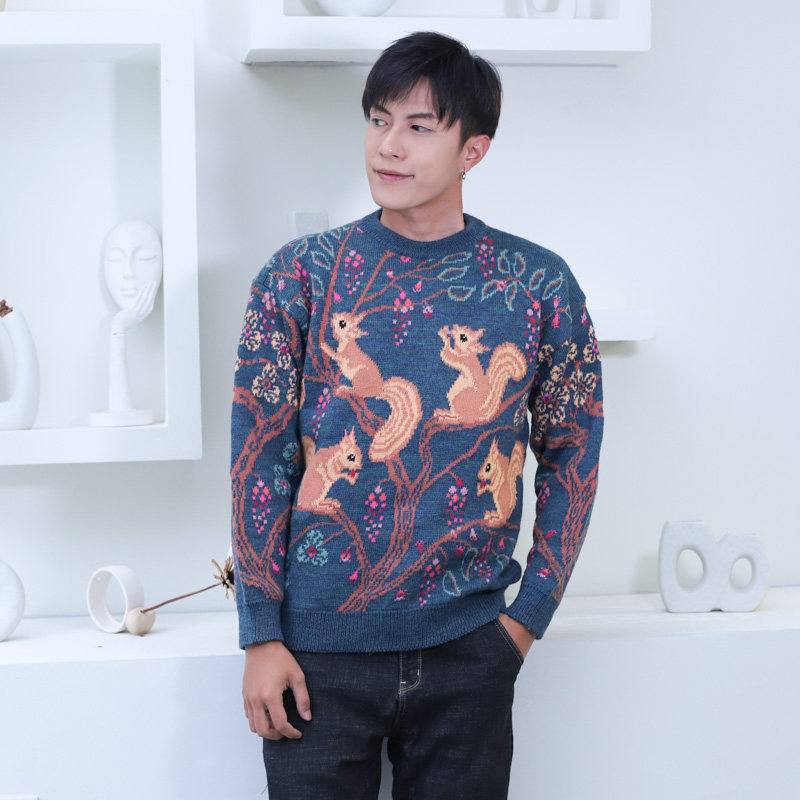 vintage 全新 全景超美映像 英国产 四只小松鼠风景 棉织艺术毛衣