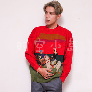 大红色套头羊毛衣 故事刺绣拼色 Vintage童趣动物风景 跑马图案