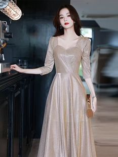 金色晚礼服女宴会气质轻奢小众高端高级感长袖主持名媛订婚连衣裙