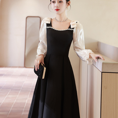 礼服女宴会黑色长袖连衣裙