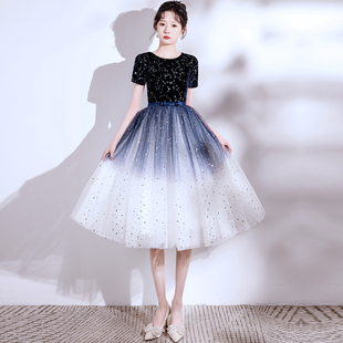 蓝色晚礼服女声乐艺考宴会中学生端庄大气成人礼表演主持人连衣裙