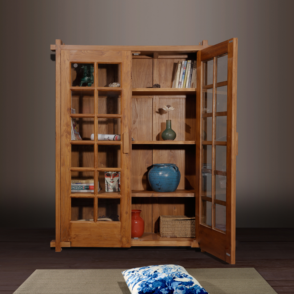 老榆木玻璃带门中式柜子置物架